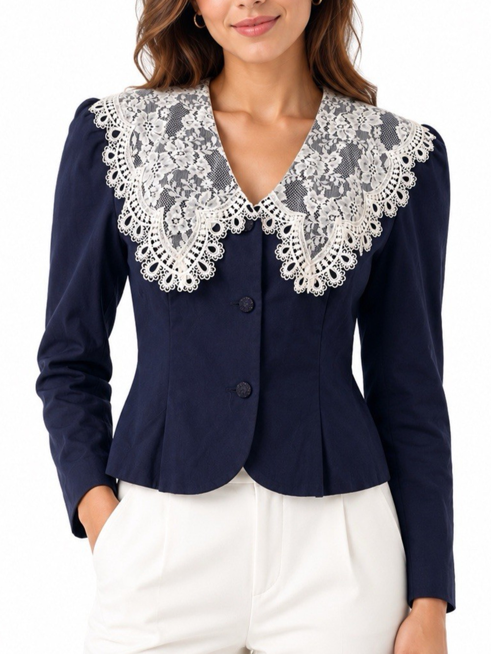 NWT Jessica McClintok Gunne Sax Top Blouse Navy Blue White Lace Collar V Neck 13